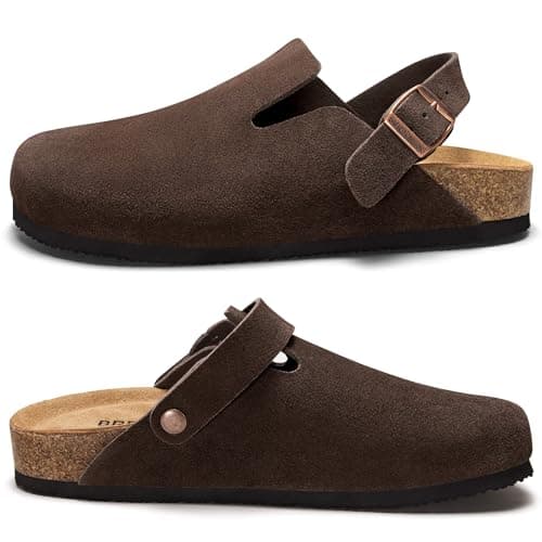Brelzo Calvior Womens Suede Clogs Mens Leather Mules Arch Support Potato Shoes Slip On Slipper Sandals with Adjustable Buckle for Outdoor Use, Dark Brown Size 8-8.5 - Thumbnail 6
