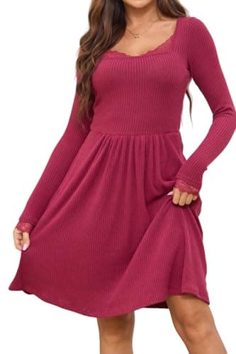 Ystguic Women Long Seeve Empire Waist Square Neck Casual Babydoll Sweater Ribbed Knit Lace Tunic Fall Winter A Line Midi Dresses with Pockets Medium YG062 Fuschia Pink M - Image 1