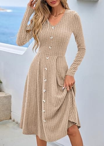 Lazysmile Long Sleeve Fall Winter Dresses for Women V Neck Button Down A Line Swing Casual Knit Sweater Dress Khaki - Thumbnail 4