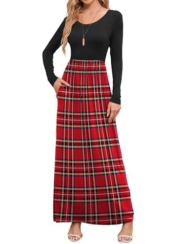 DEARCASE Long Sleeve Maxi Dresses for Women Red Grid Medium Round Neck Boho A-line Casual Hawaiian Sundress Flowy Elegant Party Vacation Spring Summer Beach Long Sun Dresses with Pockets - Image 1