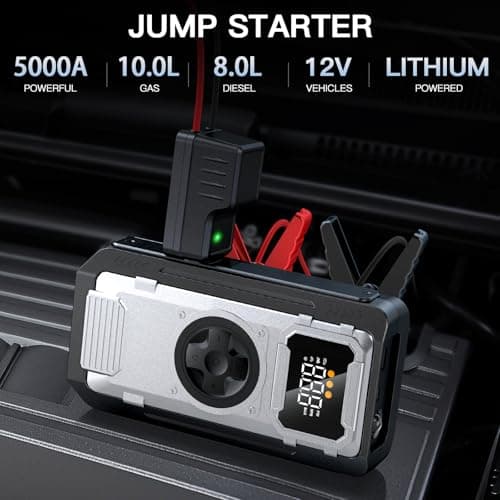 Car Battery Jump Starter with Air Compressor, 5000A Portable Jump Box for 10L Gas/8L Diesel Engines, 150PSI Auto-Shutoff Tire Inflator, 800LM LED Light & Jumper Cables, Idea Gift for Man - Thumbnail 2
