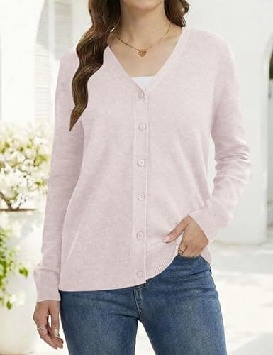 LaGracia Women's Sweaters Cardigan Long Sleeve V Neck Button Up Open Front Business Casual Lightweight Sweater Beige Pink XL - Thumbnail 2