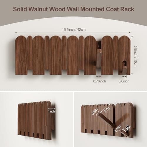 Sueuapp Walnut Wood Coat Rack Wall Mount,16.5" Wall Mounted Coat Rack with 8 Retractable Hangers,Heavy Duty Coat Hooks for Hanging Coats,Hats,Towels,Bags,Key Holder for Entryway - Thumbnail 6