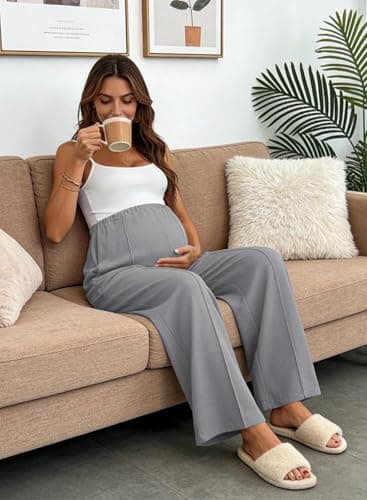 BLENCOT Women's Maternity Pants Spring Adjustable High Waisted Wide Leg Pregnancy Trousers Office Clothes Stretch Maternity Dress Pants with Pockets Grey S - Thumbnail 4