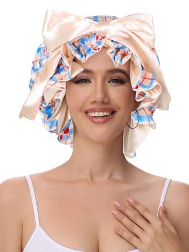 Vettres Cute Adjustable Silk Bonnet for Sleeping Double Layer Satin Cap Hair Sleep Bonnet for Curly Hair Cherry Blue - Thumbnail 3