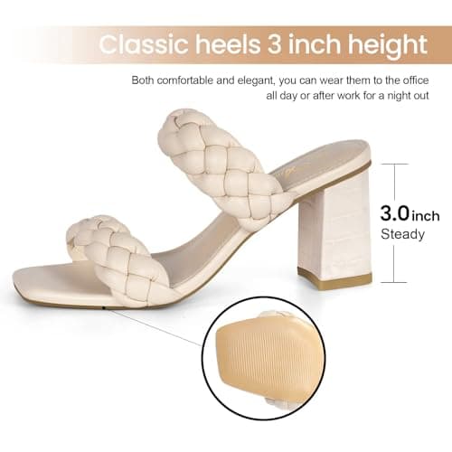 Athlefit Women's Braided Heeled Sandals Summer Square Open Toe Heels Slip On Block Heels Beige Size 11 - Thumbnail 4