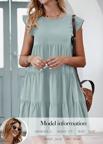 KIRUNDO Women's Dresses 2026 Spring Summer Casual Sleeveless Ruffle Round Neck Solid Loose Short Flowy Tiered Mini Babydoll Dress (Grey Green, Large) - Thumbnail 4