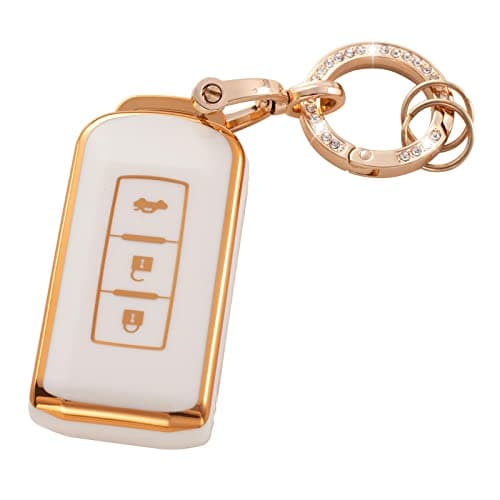 RUABIBAN Key Fob Cover Compatible with Mitsubishi, Soft TPU Key Case Protection Shell Fit for 2 Buttons Outlander Lancer Eclipse Mirage White Gold - Image 1