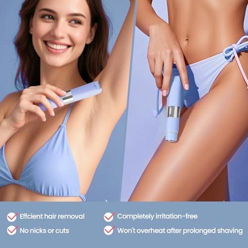 Bikini Trimmer for Women - 2-in-1 Waterproof Bikini Shaver, Electric Dual Head Shaver for Pubic Hair, Face, Legs, Underarms (Blue) - Thumbnail 3