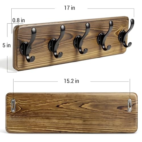 Dellicasi 17" Coat Rack Wall Mount, Rustic Wall Mounted Coat Rack, Pine Solid Wood Coat Hook Hanger with 5 Metal Hooks- Wall Coat for Hanging Clothes Key Robes Towels Coats - Thumbnail 2