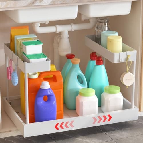 Timboniture Expandable Under Sink Organizers and Storage,Width Adjustable (14.9-23.6IN),No Drill 2-Tier Pull Out Under Cabinet Organizer for Kitchen Bathroom Laundry White