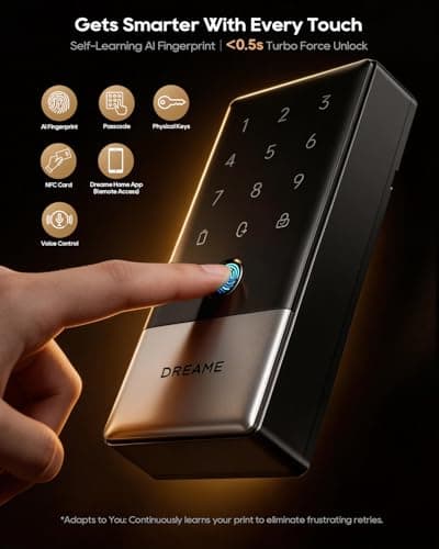 DREAME Wi-Fi Smart Door Lock for Front Door A10, Matter Over Thread, Works with Apple Home, Alexa, Google, AI Fingerprint Keyless Deadbolt Set, Geofencing Auto Unlock, BHMA Grade 2, IP65 Waterproof - Thumbnail 4