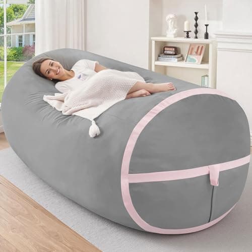 HABUTWAY 5ft Bean Bag Chair Giant Bean Bag Chairs for Adults with Memory Foam Filled, Large Beanbag Chair with Removable Dutch Velvet Cover for Living Room, Bedroom, Dorm, Light Grey & Pink - Image 1