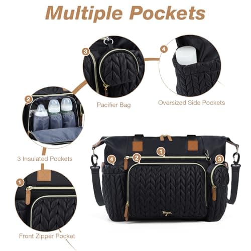 Tonyeee Diaper Bag Tote, Large Diaper Bags Waterproof, Hospital Bag for Labor Delivery, Baby Bag with Pacifier Case, Travel Diaper Tote with Changing Pad, Black - Thumbnail 5