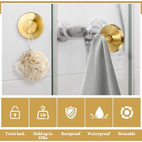 Dntorx Vacuum Suction Cup Hooks, 4 Pack Stainless Steel Suction Hooks for Shower Bathroom Towel Hooks Shower Hooks Holders Shower Hooks Hanging Towels, Loofah, Robe, Coat(Gold) - Thumbnail 2
