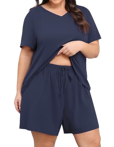 Lastshe Womens Plus Size Pajama Set 2 Piece Soft V Neck Short Sleeve with Pockets Summer Shorts Sleepwear Pjs Lounge Set,Dark Blue-3X - Thumbnail 2