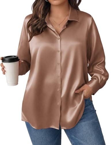 IN'VOLAND Plus Size Silky Button Up Shirt Women Long Sleeve Satin Blouses - Image 1