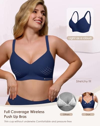 As Fairy Womens Soft Comfortable No Underwire Bras V Neck Seamless Push Up Bralettes Full Coverage Tshirt Brassiere Navy Blue 32D - Thumbnail 5