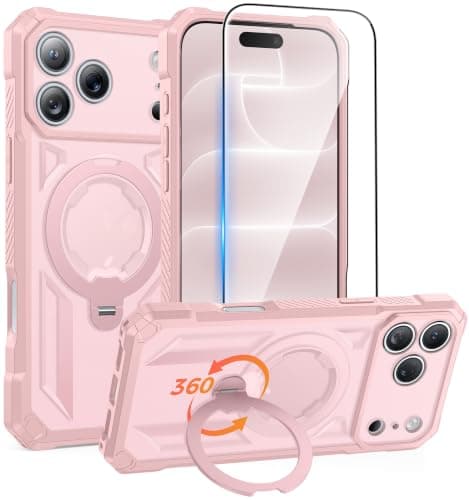 FNTCASE for iPhone 17 Pro-Max Case: [360 Spin Magnetic Ring Kickstand] [Compatible for MagSafe] [Screen Protector] Heavy Duty Military Grade Protection Protective Phone Case with Stand Pink