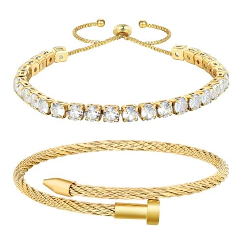 LCTrusttmor Gahna 18K Gold Plated Bangle Bracelet for Women, Non-Tarnish Stackable Nail Hand Chain Set, Dainty Adjustable Tennis Cubic Zirconia Bracelets for Women, Trendy Jewelry Mother's Day Birthday Gifts for Lover Mom Her - Image 1