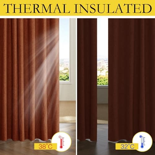 NICETOWN 100% Absolutely Blackout Linen Curtains with Thermal Insulated Liner, 52" Wide, 2 Panels, 45" Long Drapes, Grommet Retro Burnt Orange Linen Curtains Vertical Drapes Privacy for Bedroom - Thumbnail 3