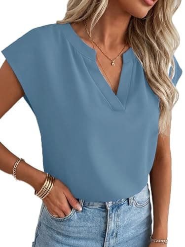 Funlingo Womens Summer Tops Dressy V Neck Cap Sleeve Tunic Shirts 2026 Business Casual Loose Flowy Blouses for Office Work Grey Blue L - Image 1