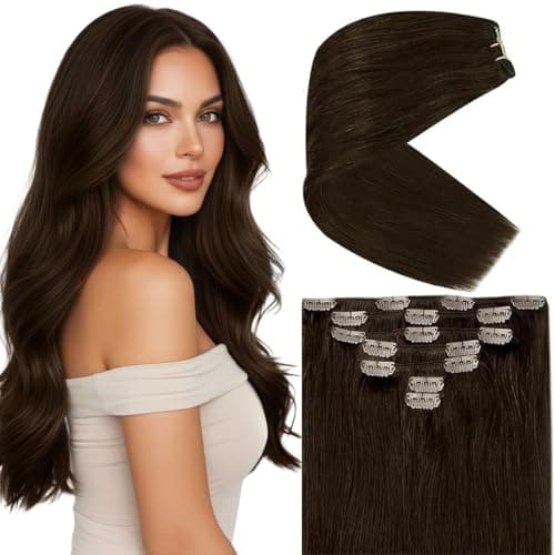 Ve Sunny Brown Clip in Hair Extensions Real Human Hair Brunette Hair Extensions Clip ins Human Hair Medium Brown Thick Double Weft 16 Inch 120g 7pcs - Image 1