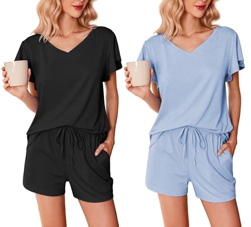 Ekouaer 2 Pack Women's Pajamas Set Soft Ruffle Sleeve Pjs Set Casual V Neck Lounge Set with Pockets,Medium,Black/Clear Blue - Image 1