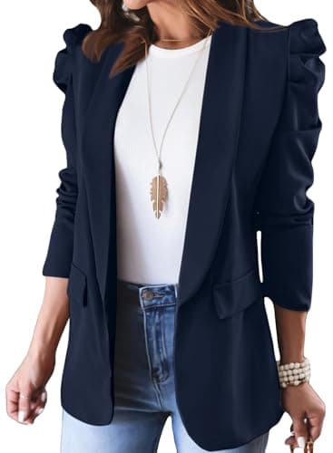 KIRUNDO Women's 2026 Spring Fall Casual Blazers Puff Sleeve Lapel Open Front Work Suit Office Blazer Jackets with Pockets (Dark Blue, Medium) - Image 1