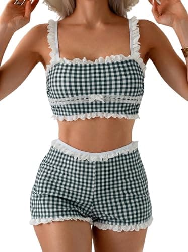 ZAFUL Womens High Waisted Bikini Sets 2 Piece Plaid Ruffle Swimsuits Back Strap Top with High Waisted Shorts Bathing Suit Black M - Image 1