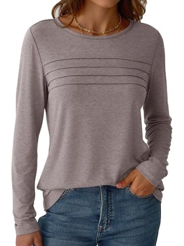 NORACORA Long Sleeve Shirts for Women Spring Fall Fashion Tops 2025 Dressy Casual Blouses Trendy Pleated Tunic Outfits Loose Fit Tee Tshirts Gray Purple XXL - Thumbnail 3