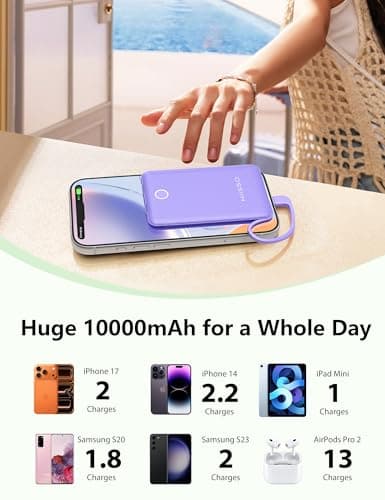 miisso 10000mAh Mini Portable Charger with Built in Cable, Pocket Size Power Bank Travel External Battery Pack for Phone, 3 Output USB Type C Cord Clutch Compatible with iPhone, Samsung, Purple - Thumbnail 3