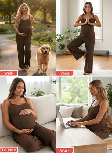 BLENCOT Jumpsuits for Women Casual Ribbed Adjustable Strap Sleeveless Wide Leg Pants Brown Jumpsuit Maternity Clothes XX-large - Thumbnail 2