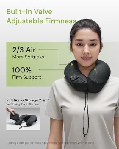 BENEUNDER Travel Neck Pillow for Airplane, Inflatable Compact 360°Head Support Pillow, Comfortable Breathable Cover for Travel, Train,Car with Storage Bag, Black - Thumbnail 3