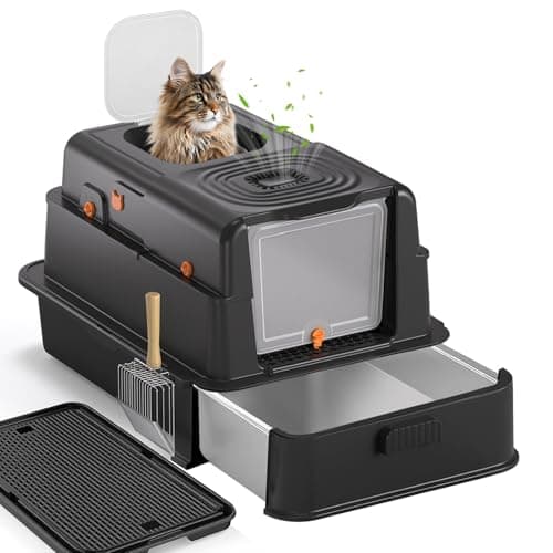 Stainless Steel Litter Box with Lid: XL Extra Large Cat Litter Box for Big Cats, Enclosed Kitty Litter Boxes with Drawer, High Sided Metal Cat Box with Scoop, Front & Top Entry, Odor Free, Non-Stick