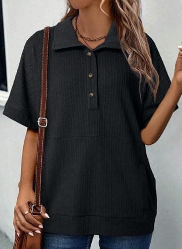 Dokotoo Womens Tops Dressy Casual Button Down Short Sleeve Shirts for Women Trendy Outfits Oversized Shirt Spring Summer Tops for Womens Blouses Ladies Tunics Tops Loose Fit Fashion Clothes Black L - Thumbnail 3