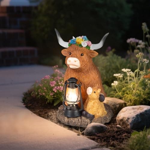 Highland Cow Solar Lights, Solar Powered Statues for Garden,Outside Decor with Latern for Yard Birthday Easter Gifts for Grandma Mom Women Funny Decorations for Yard and Patio Gifts - Thumbnail 5