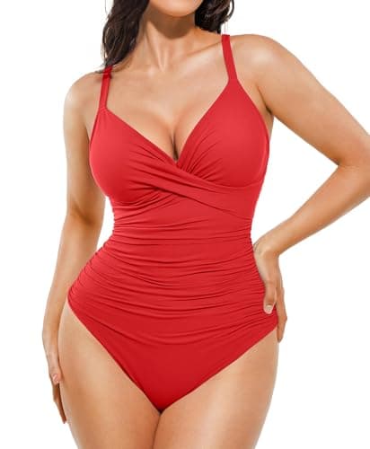 Popilush One Piece Swimsuit Women Tummy Control V Neck Ruched Shapewear Swimsuits Summer Beach Pool Vacation Red - Image 1