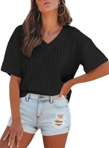 Dokotoo Women's 2025 Stylish Summer Short Sleeve Shirts for Women Oversized V Neck Solid Hollow Out Tunic Tops and Blouses Basic Loose Fit Pullover Sweaters Casual Holiday T-Shirts Tops Black Large - Image 1