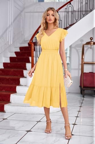 GRACE KARIN 2026 Womens Summer Dresses V Neck Ruffle Sleeve Floral Boho Beach A-Line Dress Light Yellow-Plain Small - Thumbnail 3