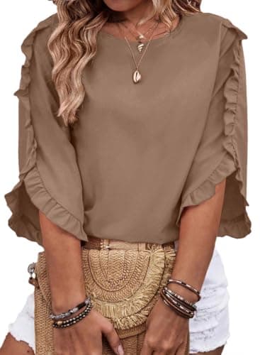 Eytino Women Plus Size Tops Dressy Casual 3/4 Length Sleeve Blouses Crewneck Ruffle Sleeve Shirts Summer Outfits Business Work Tops,3X Brown - Image 1