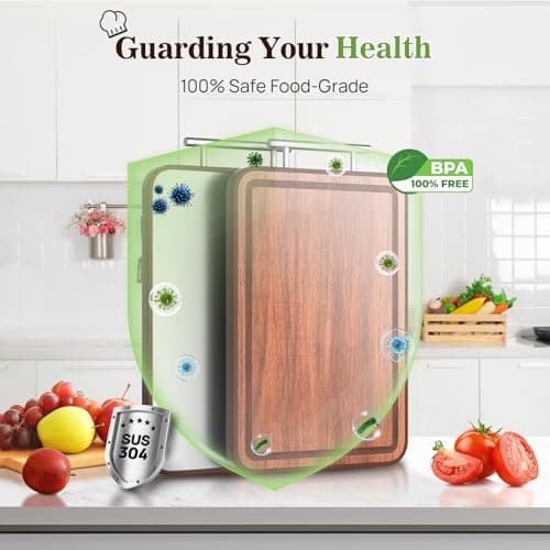 Stainless Steel Cutting Board For Kitchen With Lip(Wood & Metal, 16.3"x11"), Non Plastic Ebony Wood Double Sided Cutting Boards, Charcuterie Chopping Board for Defrost | Best Gift Idea - Thumbnail 5
