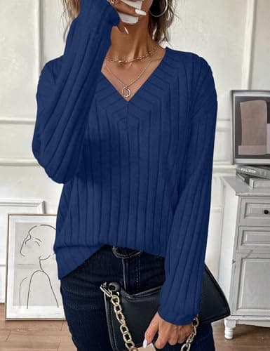 JUSTFASHIONNOW Blouses for Women Dressy Casual V Neck Long Sleeve Shirts Soft Sweaters Fall Tops for Women 2025 Parchment Clothe(Purplish blue,Medium) - Thumbnail 2