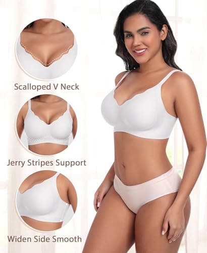 Ganado Scalloped Wireless Bras for Women Seamless No Underwire Bra Full Coverage Padded Comfortable Bralettes (White, Small) - Thumbnail 2
