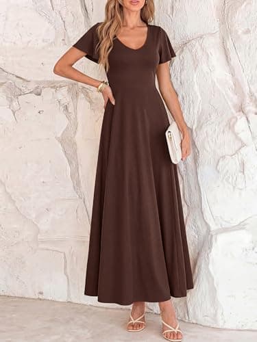 BTFBM Formal Dresses for Women Summer Outfits V Neck Ruffle Sleeve A Line Maxi Elegant Cocktail Wedding Guest Dress 2026(Brown, XX-Large) - Thumbnail 2