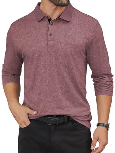 Hardaddy Men's Casual Polo Shirt with Pocket Contrast Color Long Sleeve Business Work Shirts Tees Top Shirt Wine Red M - Image 1