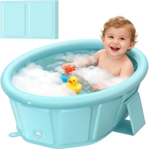 Baby Bathtub with Inflatable Top Edge, Extra Stable Infant Bath Tub, Collapsible & Portable for Baby Bath Time, No Tilt Design for 12M-6Y Toddler, No Assembly for Travel Shower - Image 1