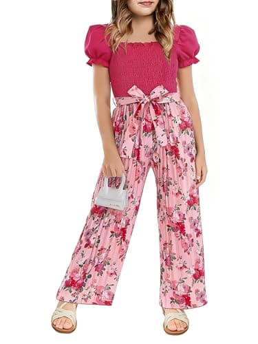 Kislio Girls Jumpsuit Kids Fashion Puff Sleeve Belted Wide Leg Romper One Piece Outfits Floral Smocked Girls Clothes - Image 1