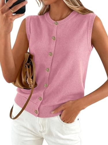 BTFBM Sweater Vest Women Casual Crewneck Loose Button Down Knit Sleeveless Cardigan 2026 Spring Clothes Summer Vest Tops(Pink, Large) - Image 1