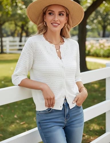 GRACE KARIN Cardigan Sweaters for Women White 3/4 Short Sleeve Lightweight Summer Cardigan Cropped Spring Fashion Clothing L - Thumbnail 3
